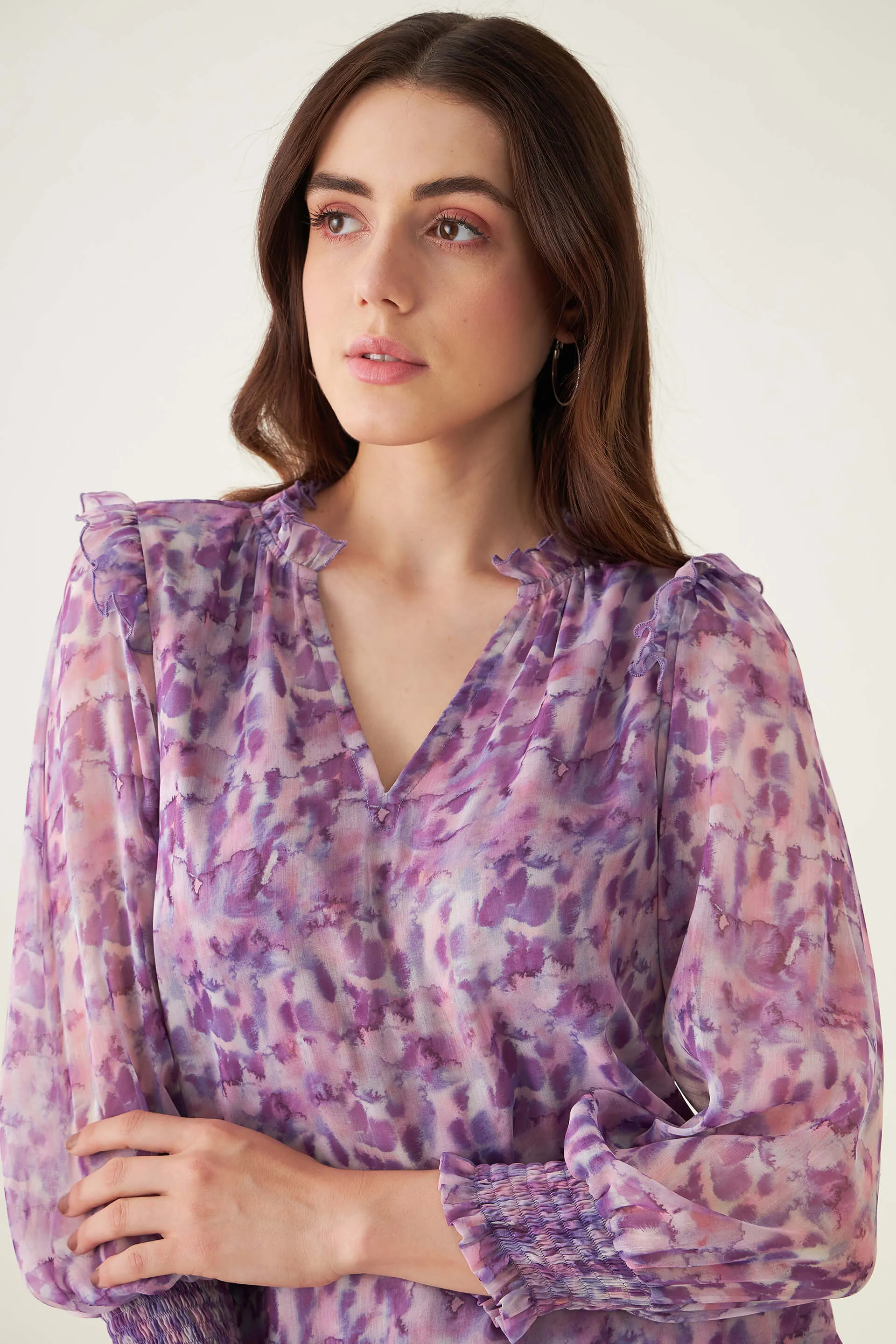 Flora Abstract Ruffled Top - Purple/White