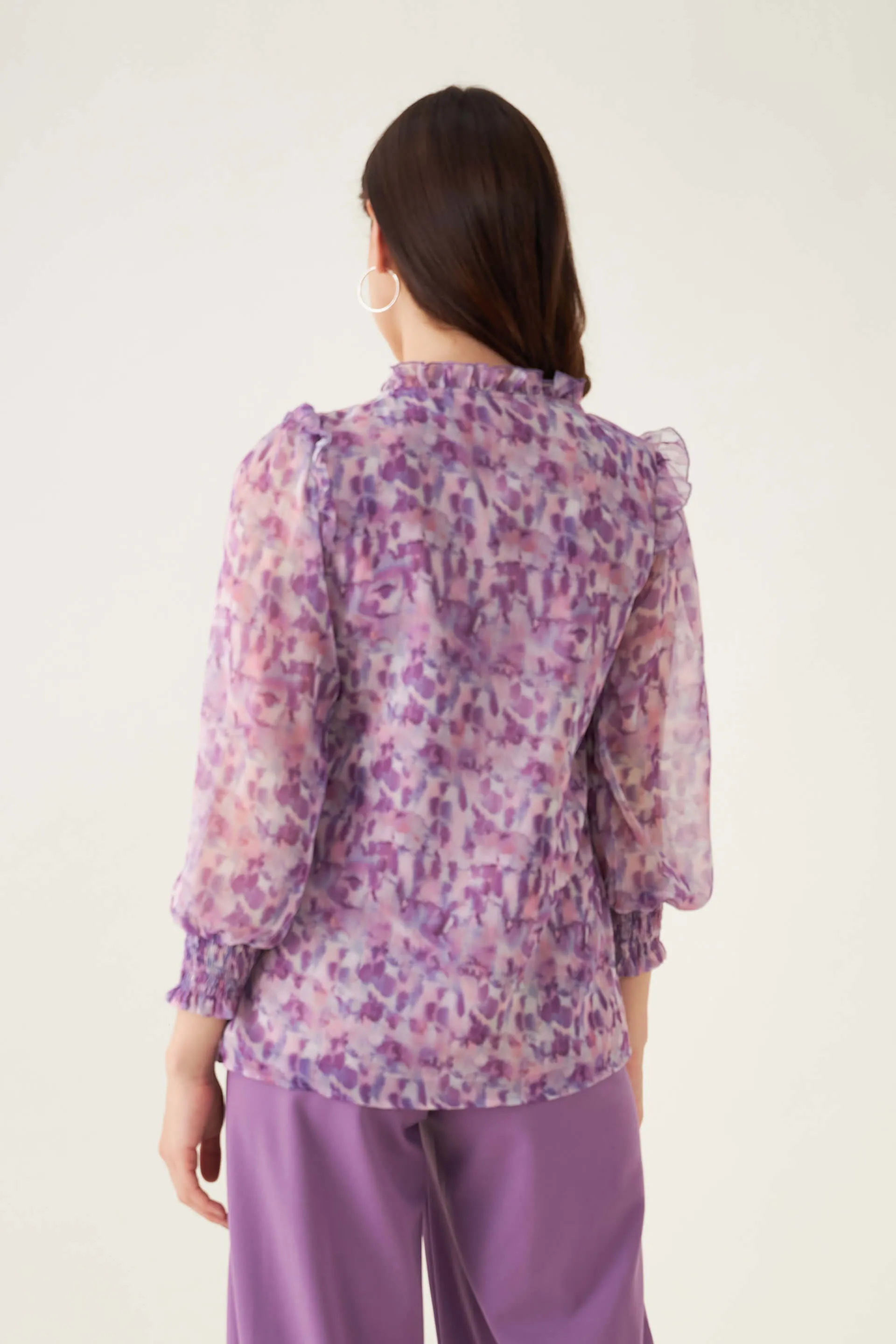 Flora Abstract Ruffled Top - Purple/White