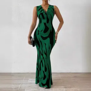 Genevieve Sleeveless Abstract Print Bodycon Maxi Dress