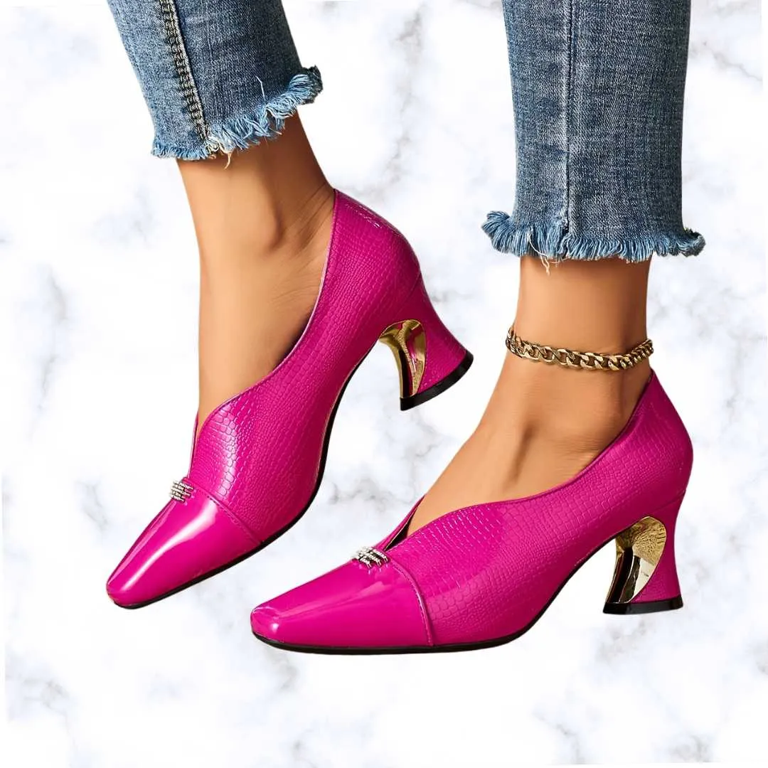 Handmade Chic Women's High Heels – Stylish Square Toe with Embossed Design