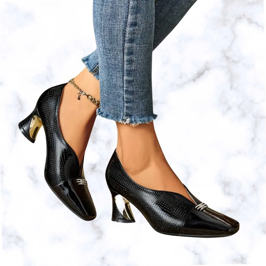 Handmade Chic Women's High Heels – Stylish Square Toe with Embossed Design