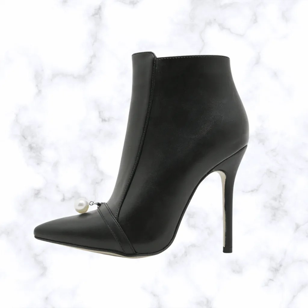 Handmade Punk-Style Women's Ankle Boots with Pearl Accent, Pointed Toe, Thin High Heels, and Zipper