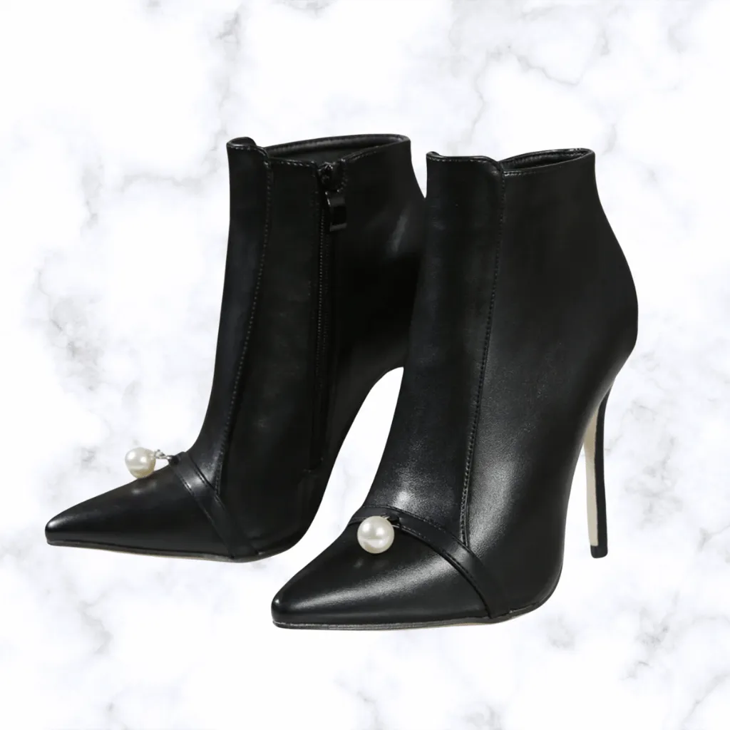 Handmade Punk-Style Women's Ankle Boots with Pearl Accent, Pointed Toe, Thin High Heels, and Zipper