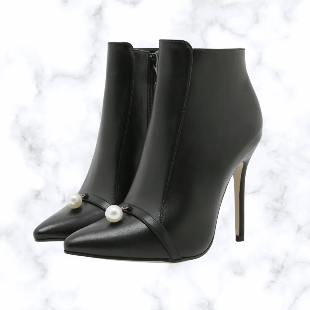 Handmade Punk-Style Women's Ankle Boots with Pearl Accent, Pointed Toe, Thin High Heels, and Zipper