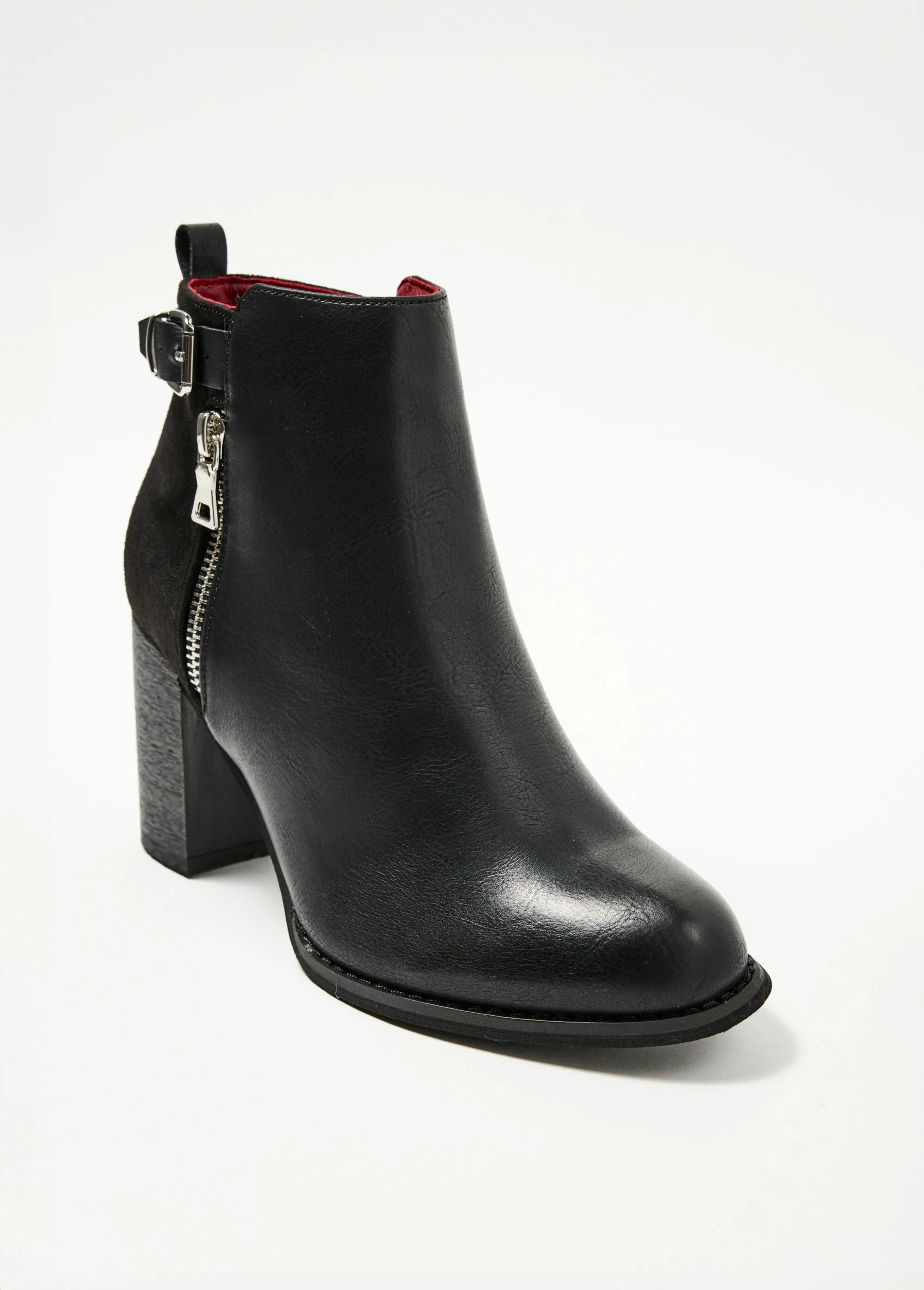 High heeled bi-material boots with buckle and zip