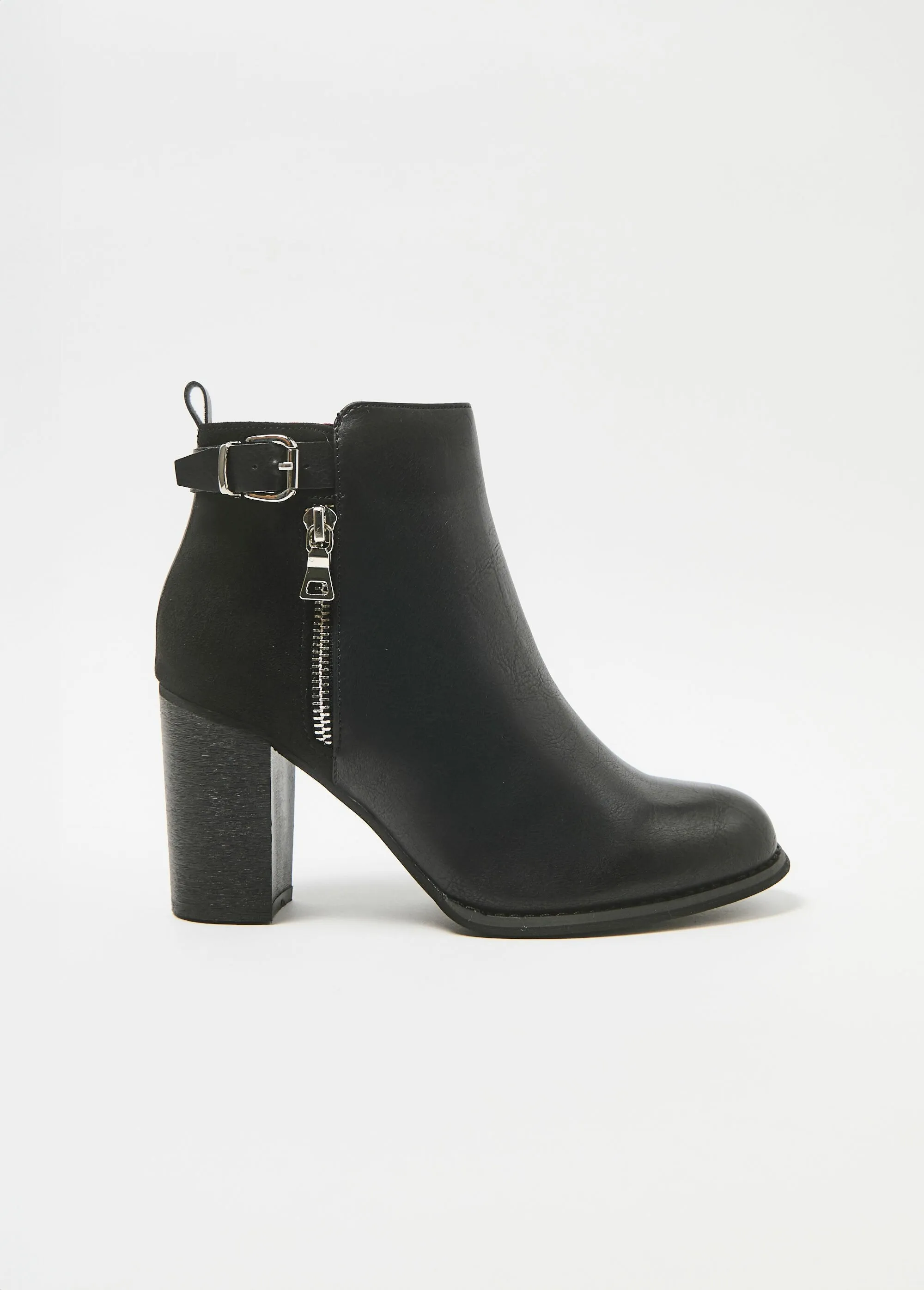 High heeled bi-material boots with buckle and zip