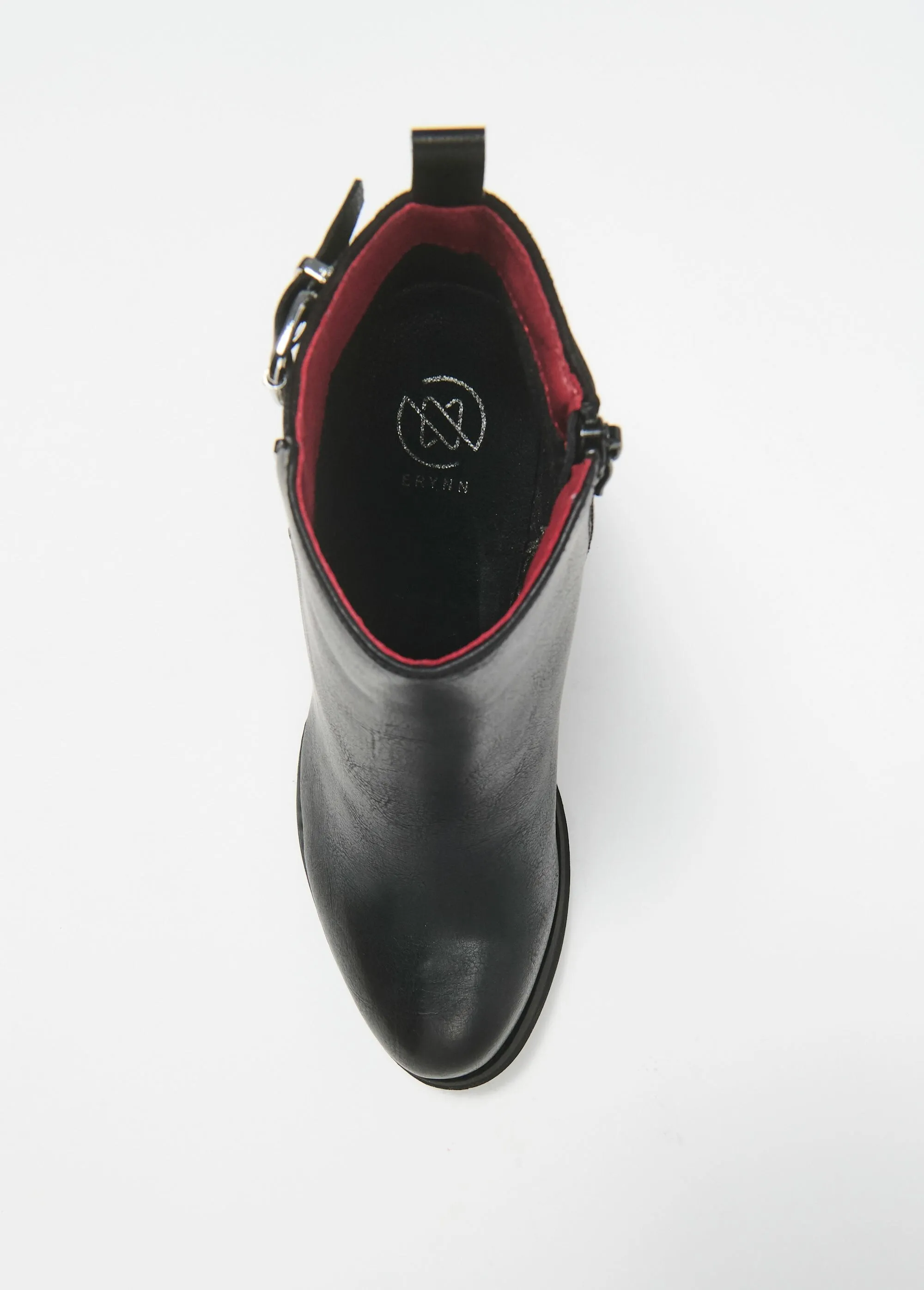 High heeled bi-material boots with buckle and zip