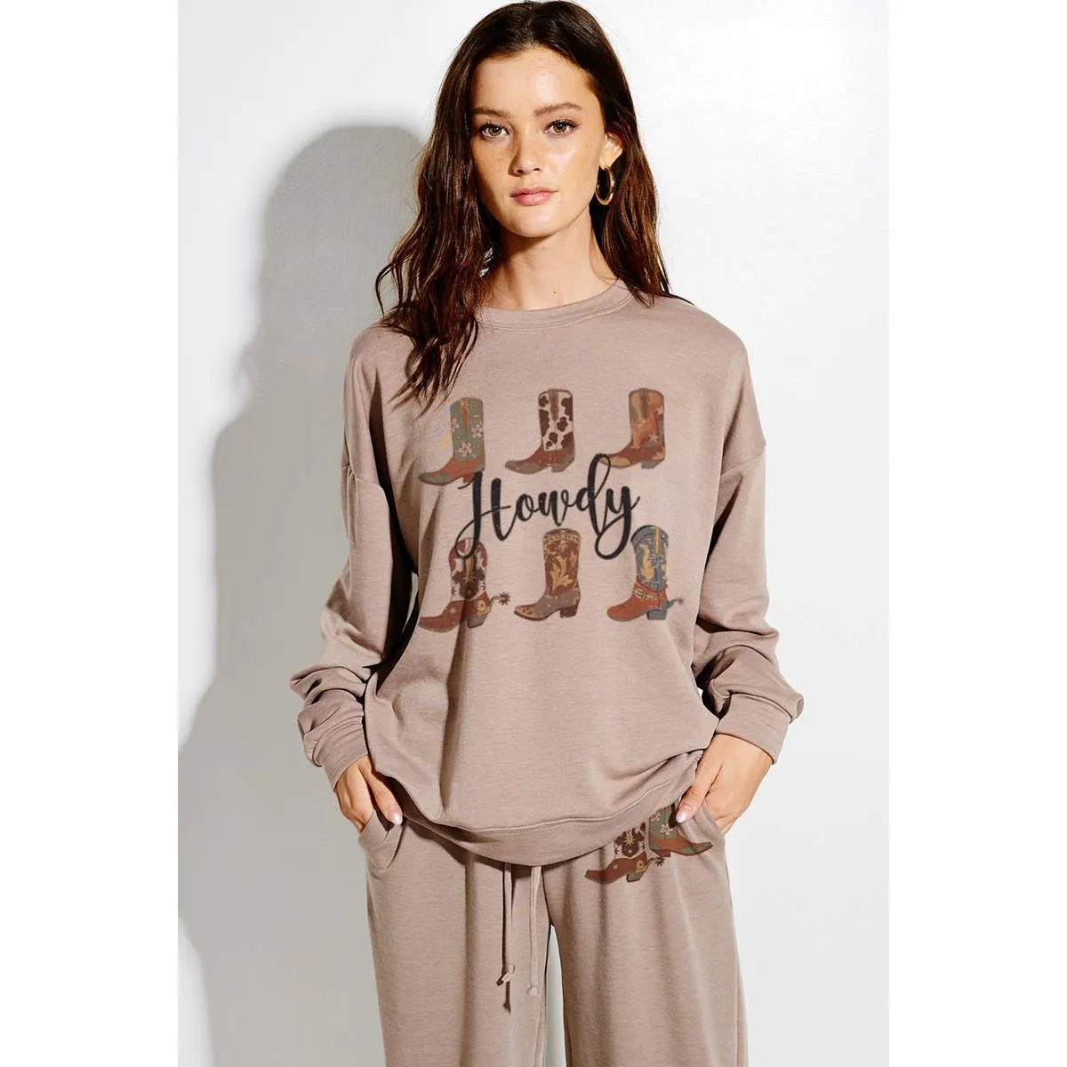 Howdy boots print soft sweatshirt set in Mocha TB915G12253