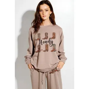 Howdy boots print soft sweatshirt set in Mocha TB915G12253