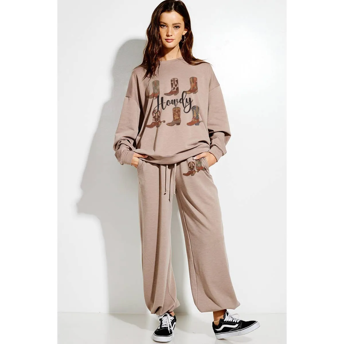 Howdy boots print soft sweatshirt set in Mocha TB915G12253