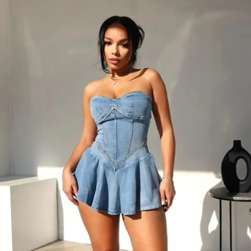 Imani Strapless Corset Flared Denim Mini Dress