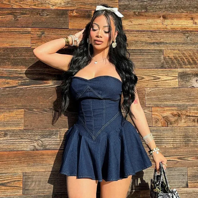 Imani Strapless Corset Flared Denim Mini Dress