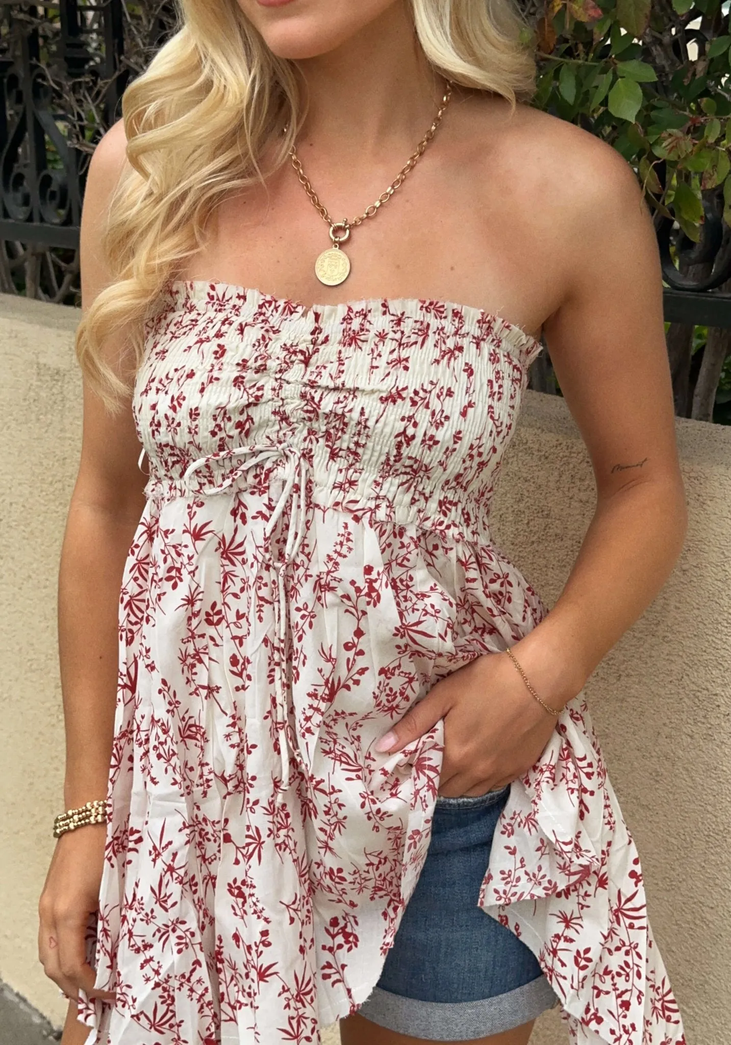 Ivory and Red Floral Strapless Tunic Top