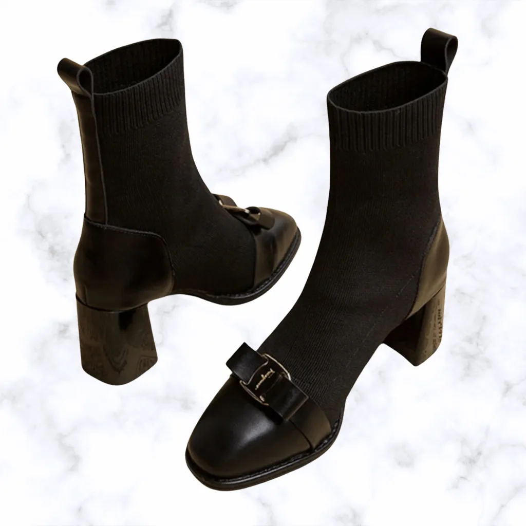 Korean Style Women’s Knit Ankle Boots with Butterfly Knot & Metal Decoration, Slimming Short Booties, Thick Square Heel