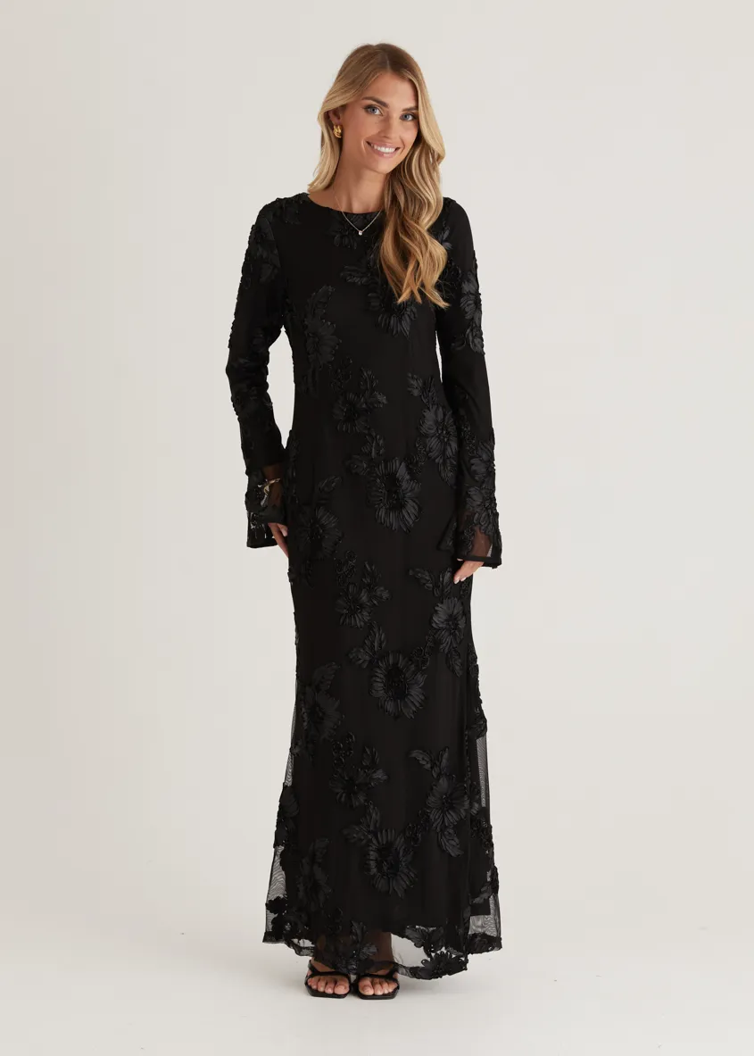 Kya Mesh Maxi Dress - Black Embroidered