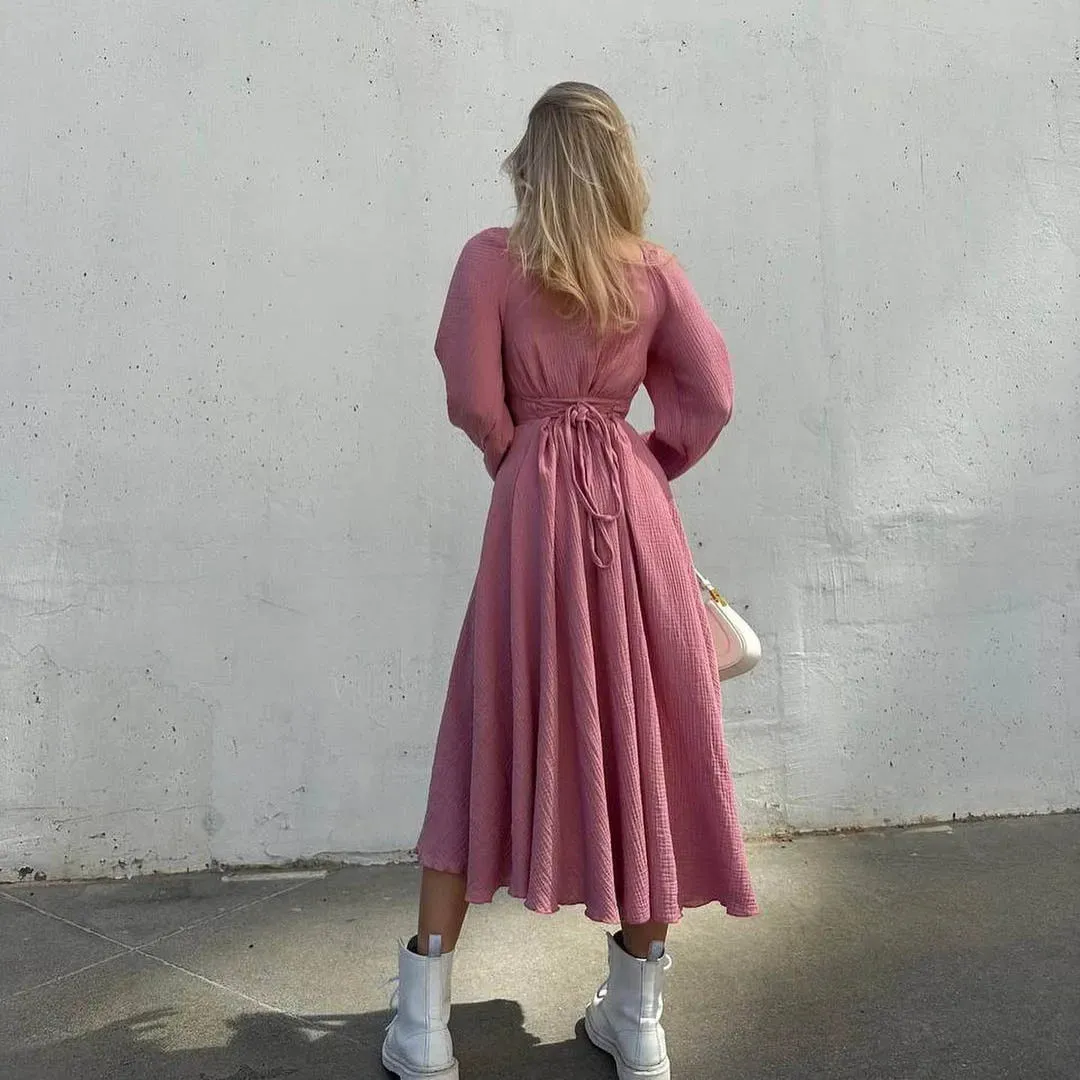 Lace-Up Square Collar Sexy Dress