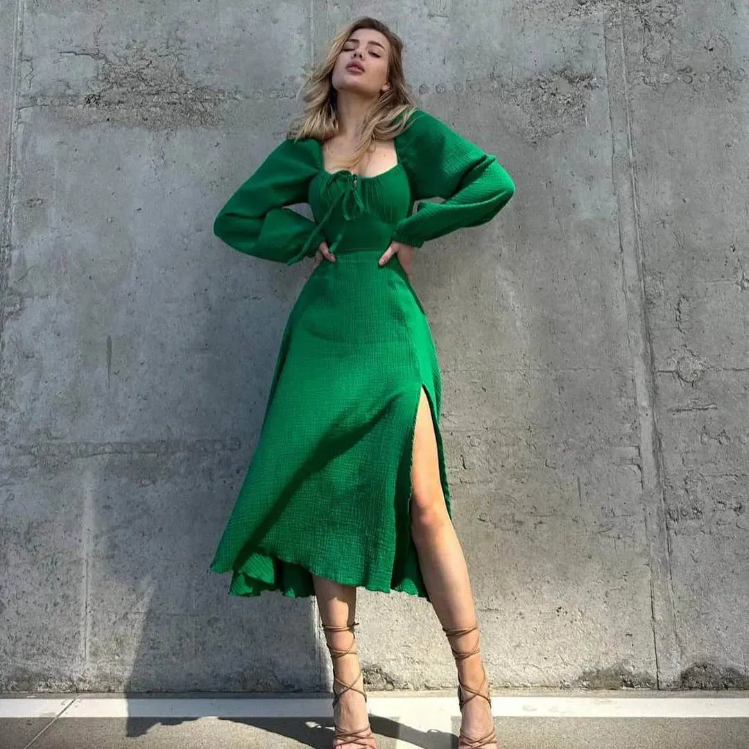 Lace-Up Square Collar Sexy Dress