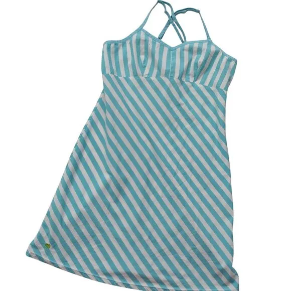 Lilly Pulitzer Y2K Teal Blue White Striped Dress 8 Cotton Preppy Sundress