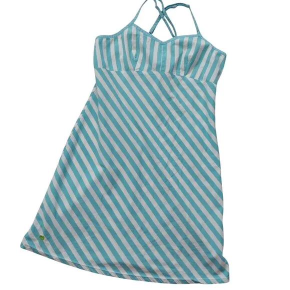 Lilly Pulitzer Y2K Teal Blue White Striped Dress 8 Cotton Preppy Sundress