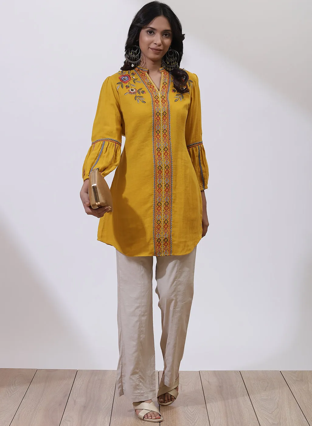 Mustard Phool Collection Floral Embroidered Tunic