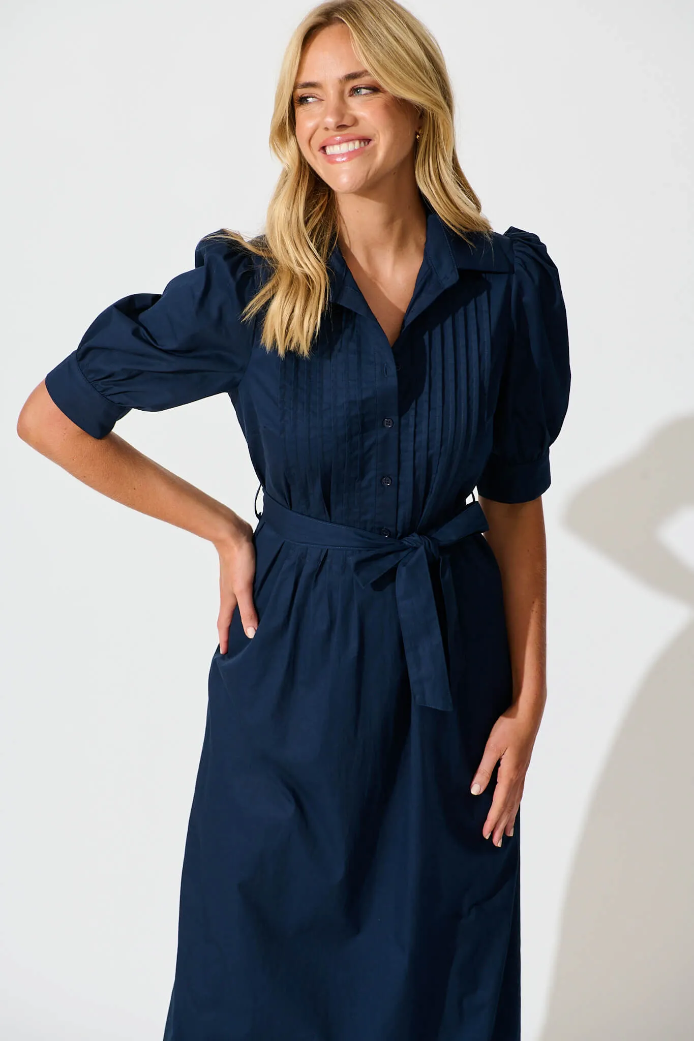 Navy Cotton Midi Dress - Mila