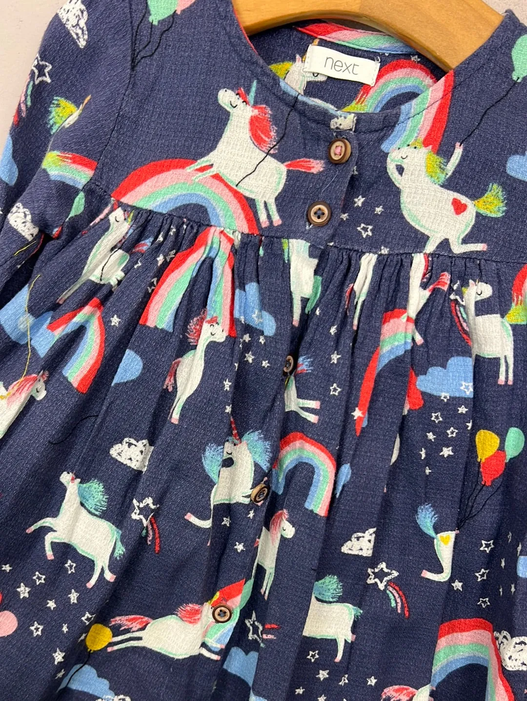 Next navy unicorn button front dress 12-18m