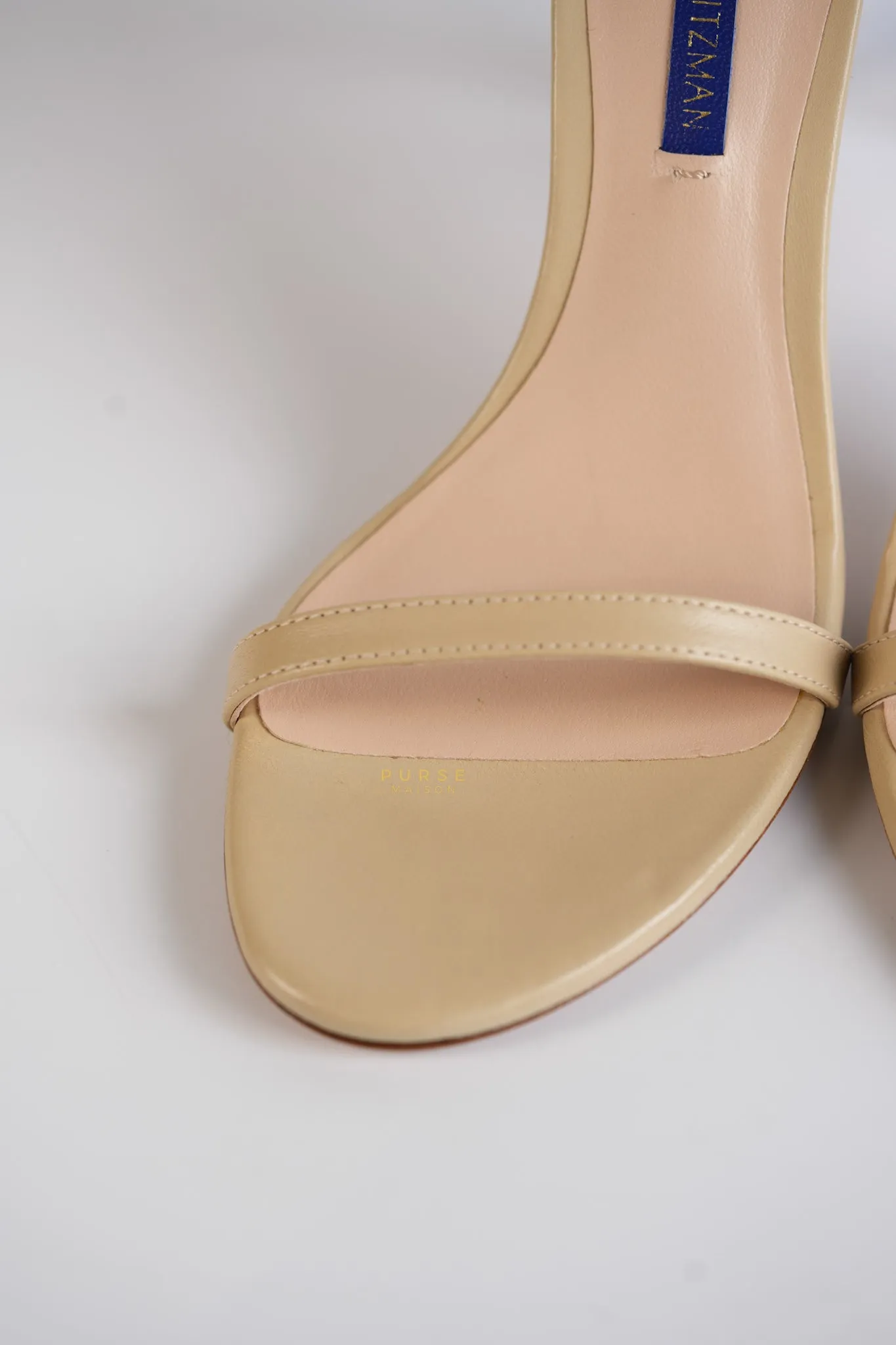 Nudistsong Beige Leather Ankle Strap Heels (Size: 6.5US, 37EU,23.5cm)