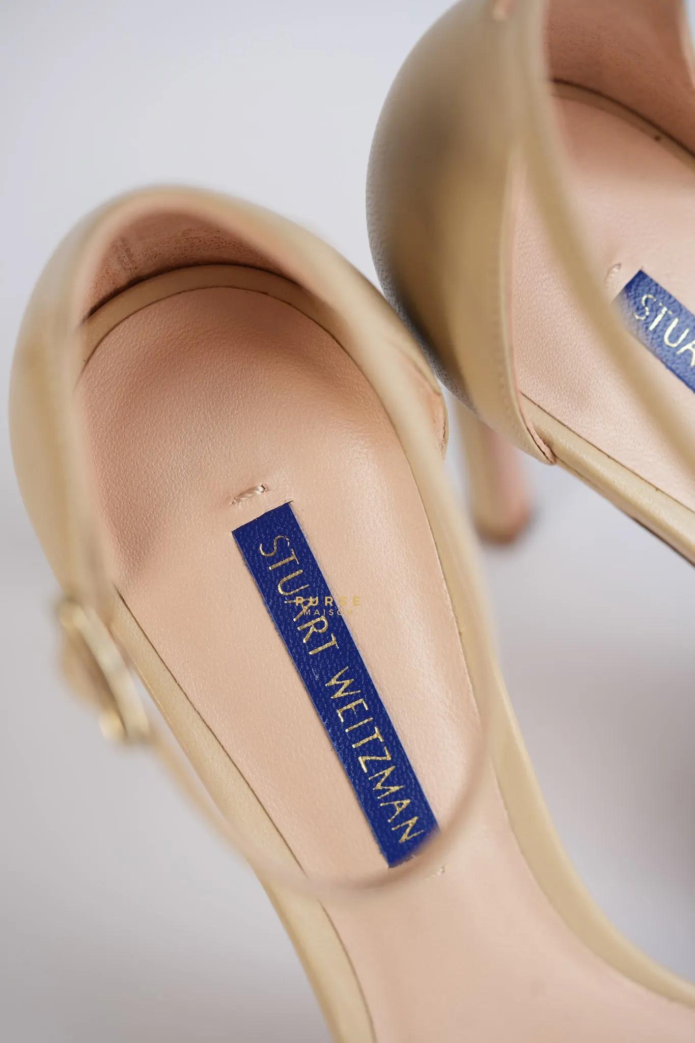 Nudistsong Beige Leather Ankle Strap Heels (Size: 6.5US, 37EU,23.5cm)