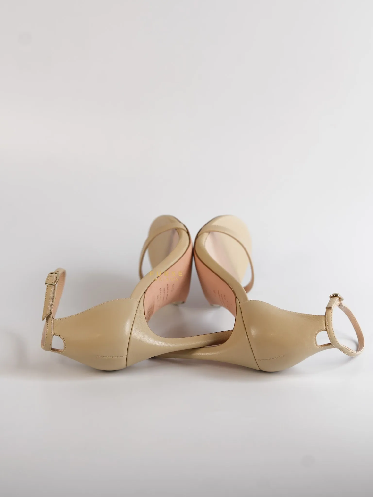 Nudistsong Beige Leather Ankle Strap Heels (Size: 6.5US, 37EU,23.5cm)