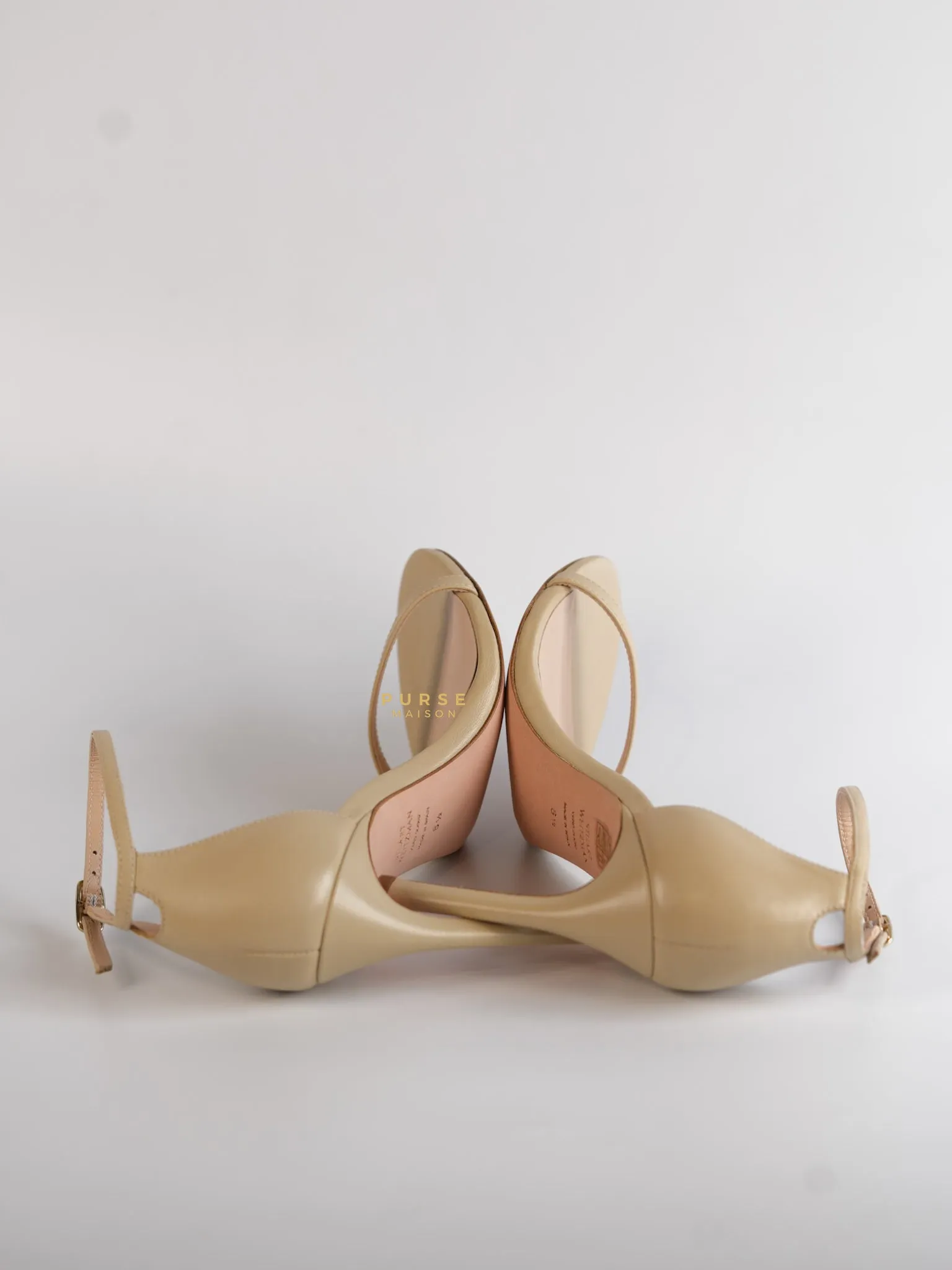 Nudistsong Beige Leather Ankle Strap Heels (Size: 6.5US, 37EU,23.5cm)