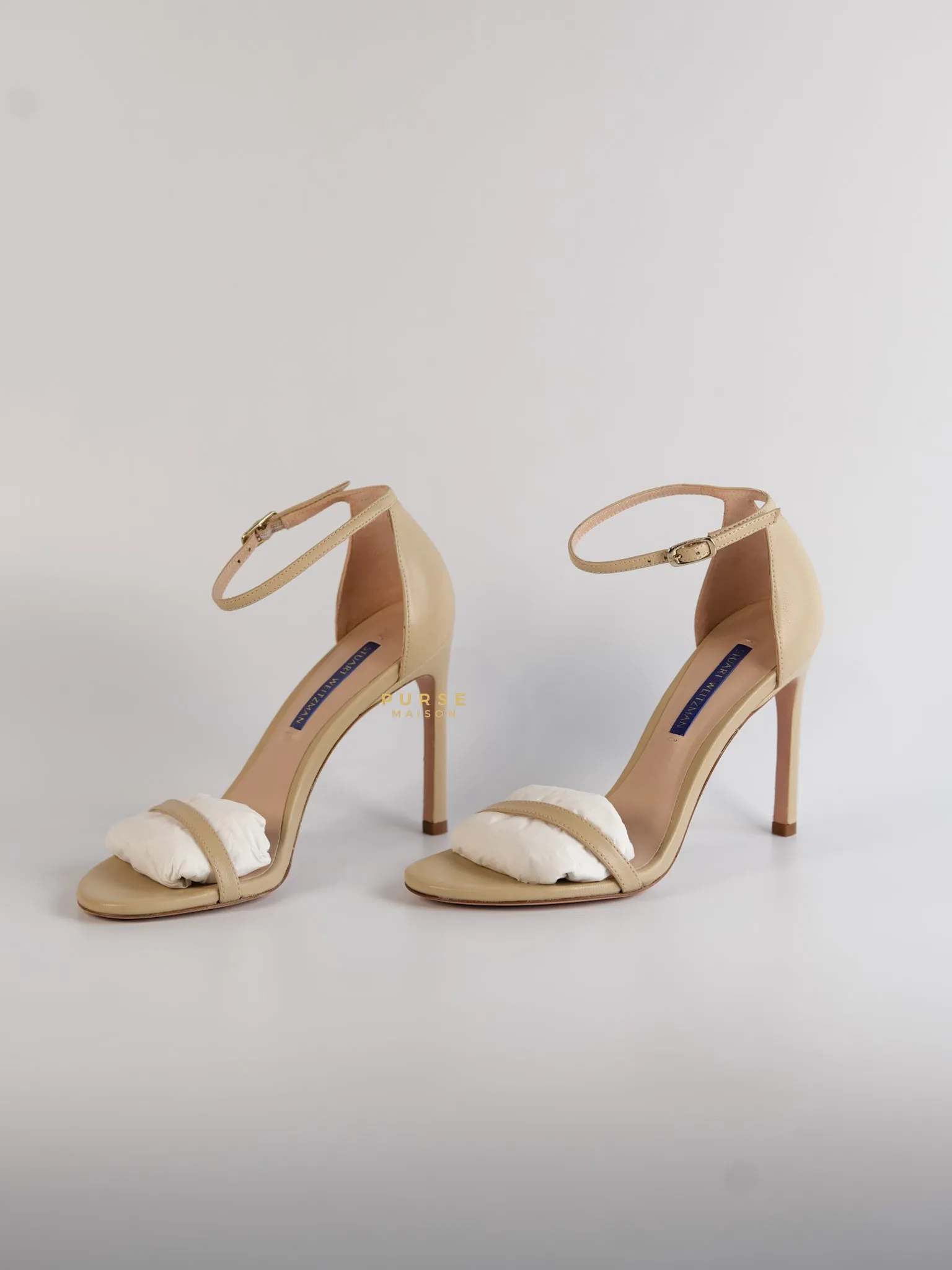 Nudistsong Beige Leather Ankle Strap Heels (Size: 6.5US, 37EU,23.5cm)
