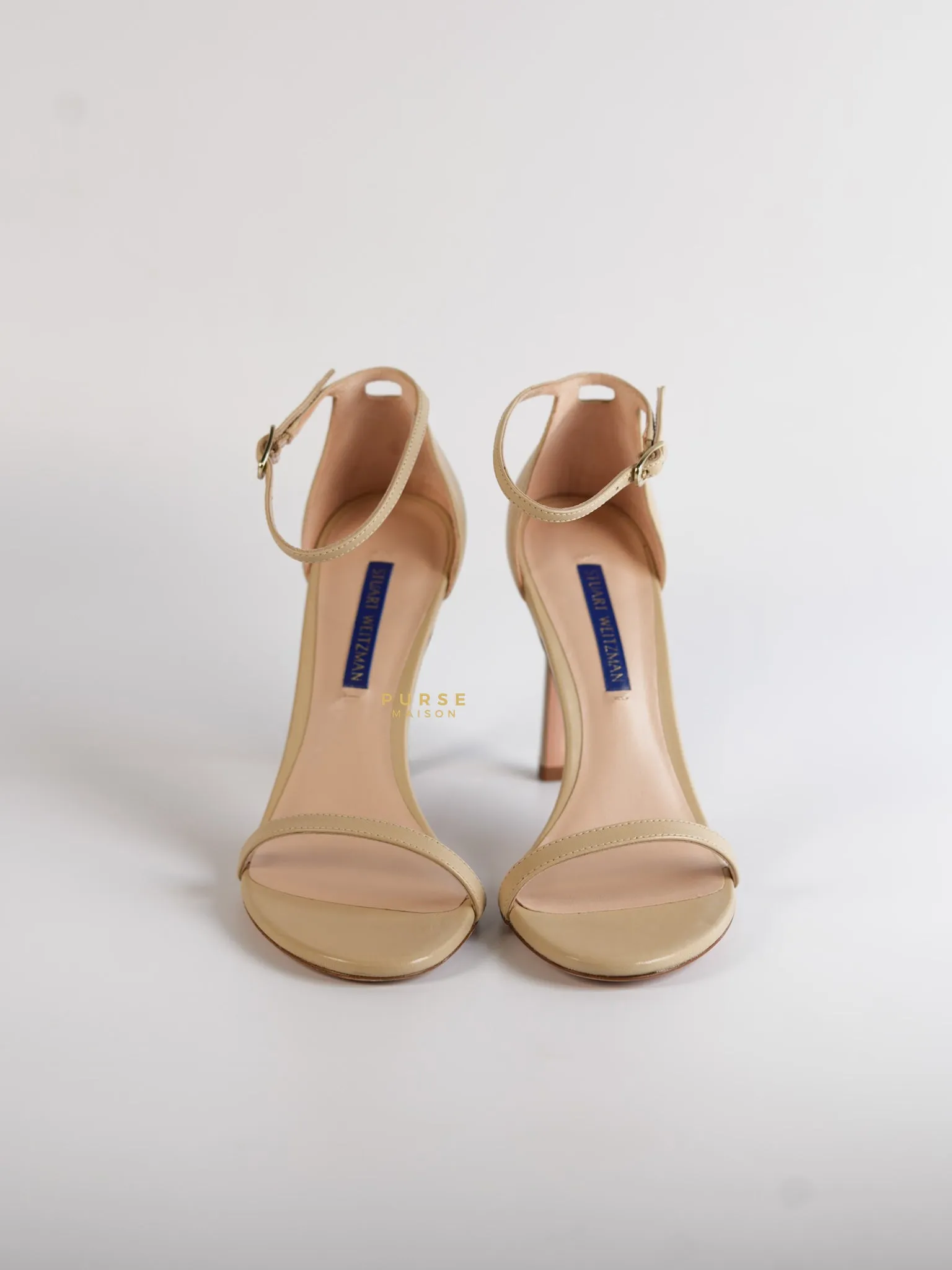 Nudistsong Beige Leather Ankle Strap Heels (Size: 6.5US, 37EU,23.5cm)