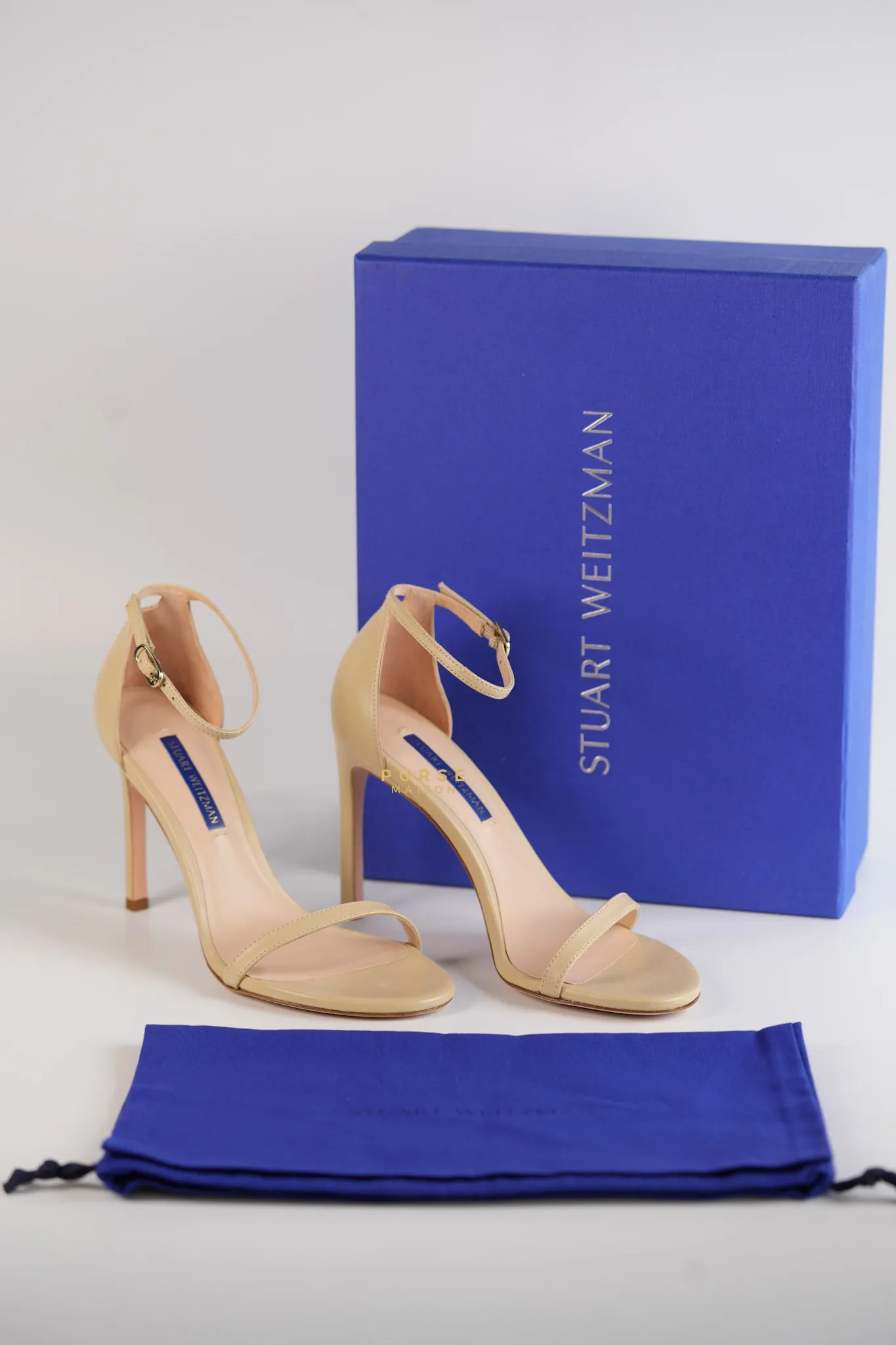 Nudistsong Beige Leather Ankle Strap Heels (Size: 6.5US, 37EU,23.5cm)