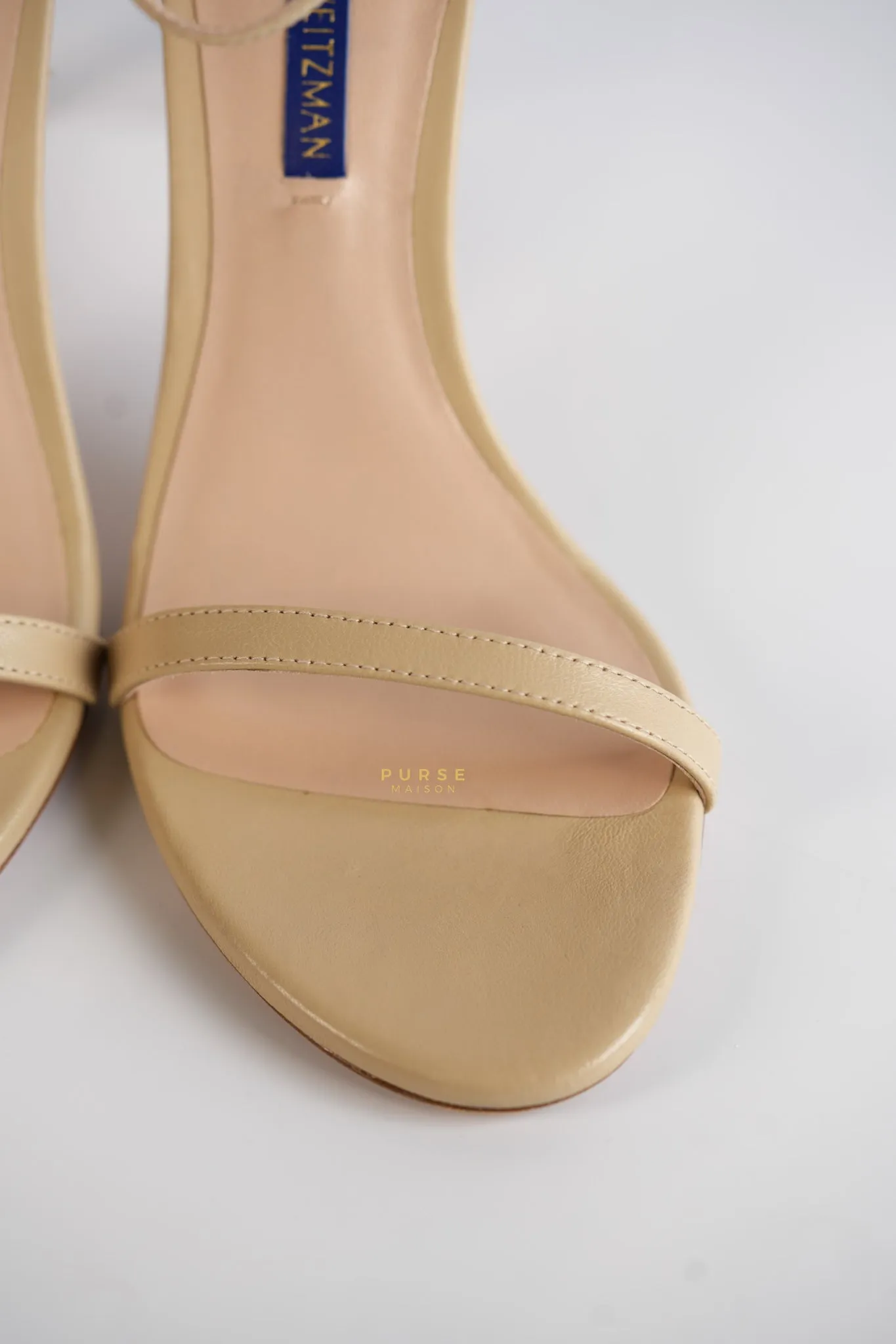 Nudistsong Beige Leather Ankle Strap Heels (Size: 6.5US, 37EU,23.5cm)