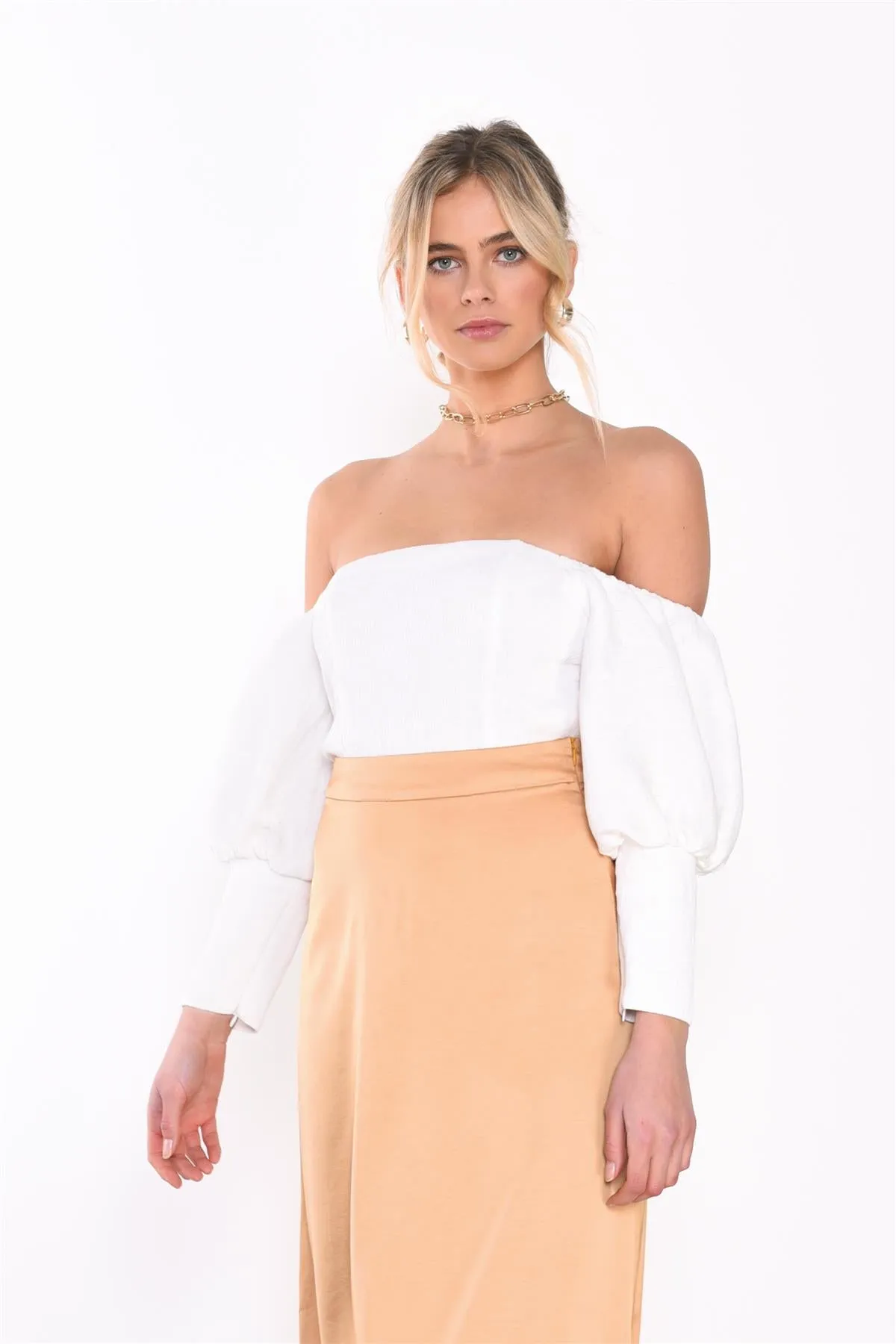 Off-White Textured Puff-Sleeve Bardot-Bodysuit