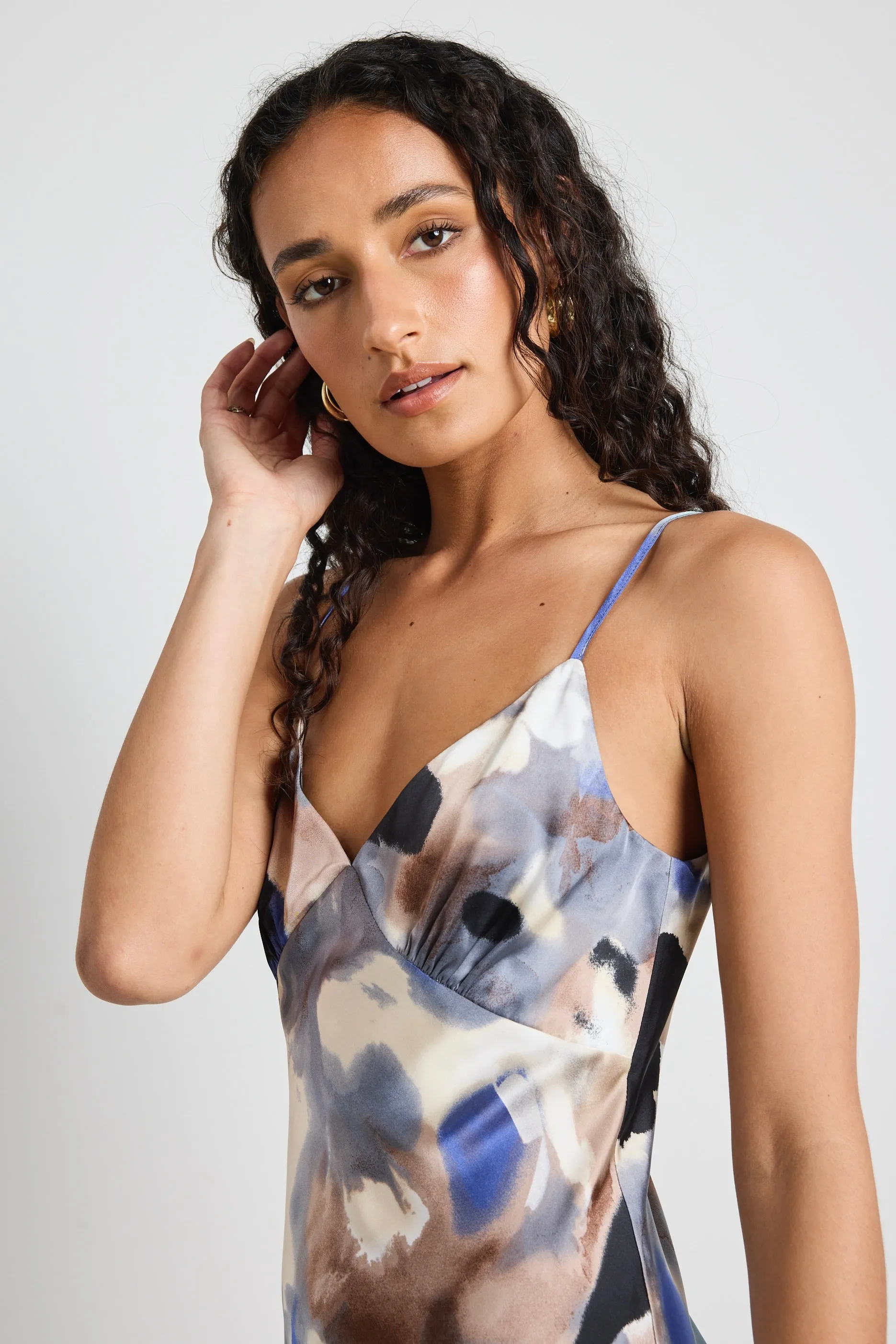 Otherworldly Navy Multi Watercolour Satin Bias Midi Slip Dress