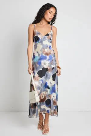 Otherworldly Navy Multi Watercolour Satin Bias Midi Slip Dress