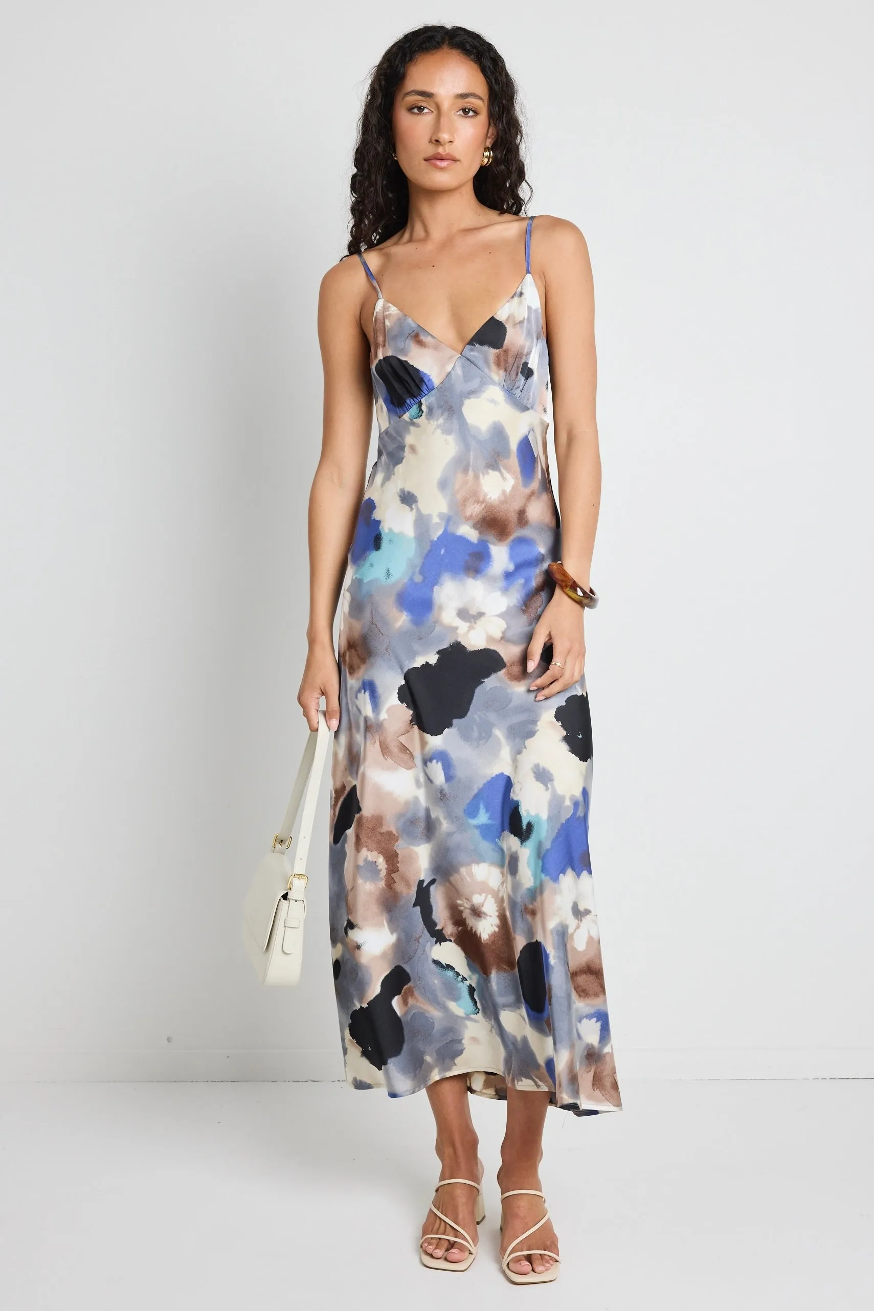 Otherworldly Navy Multi Watercolour Satin Bias Midi Slip Dress