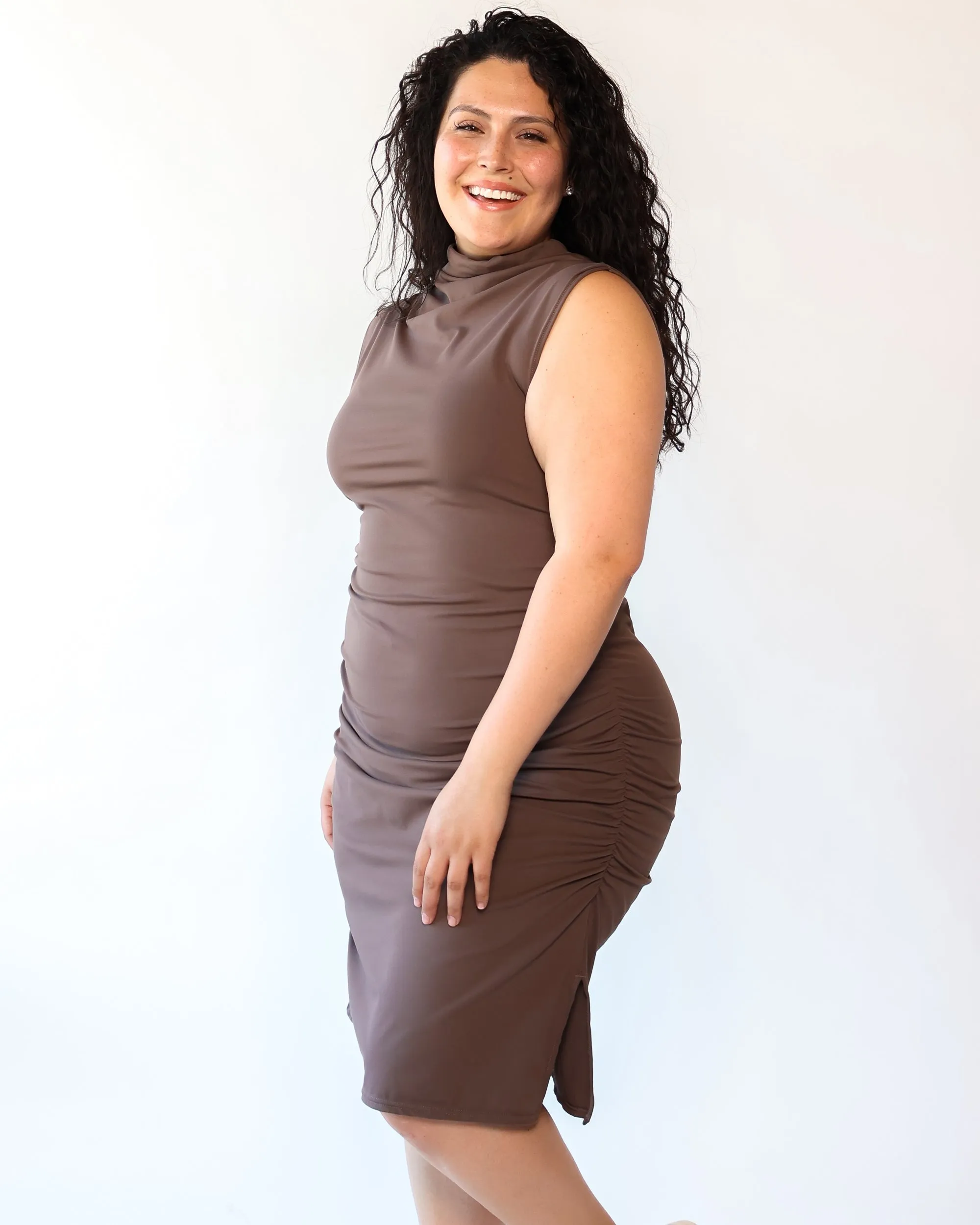 Packable Midi Cowl Dress in Oxford Toffee