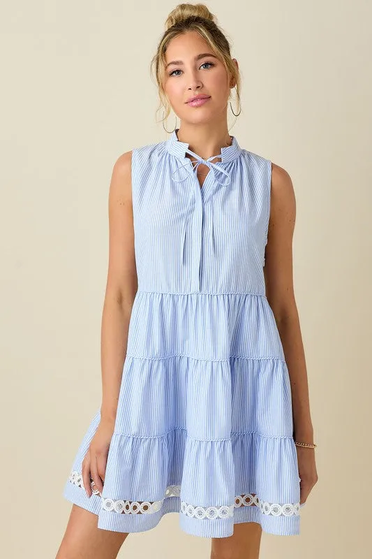 Pin Striped Collared Tiered Mini Dress- Blue