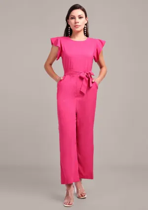 Pink Short Ruffle Sleeve Jumpsuit With Waist Belt