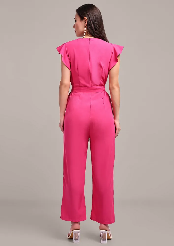 Pink Short Ruffle Sleeve Jumpsuit With Waist Belt
