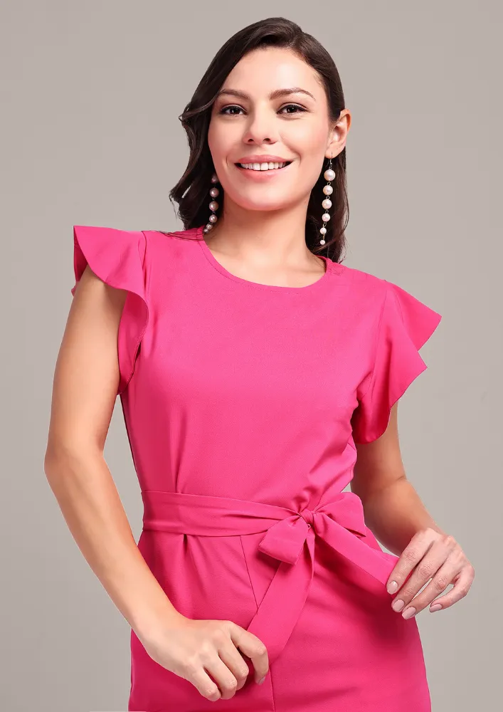 Pink Short Ruffle Sleeve Jumpsuit With Waist Belt