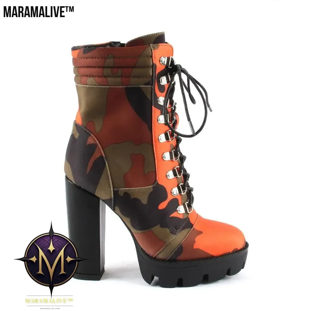 Platform camouflage high heel boots