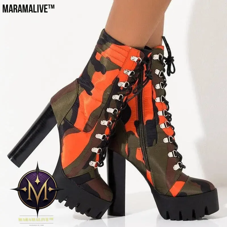Platform camouflage high heel boots