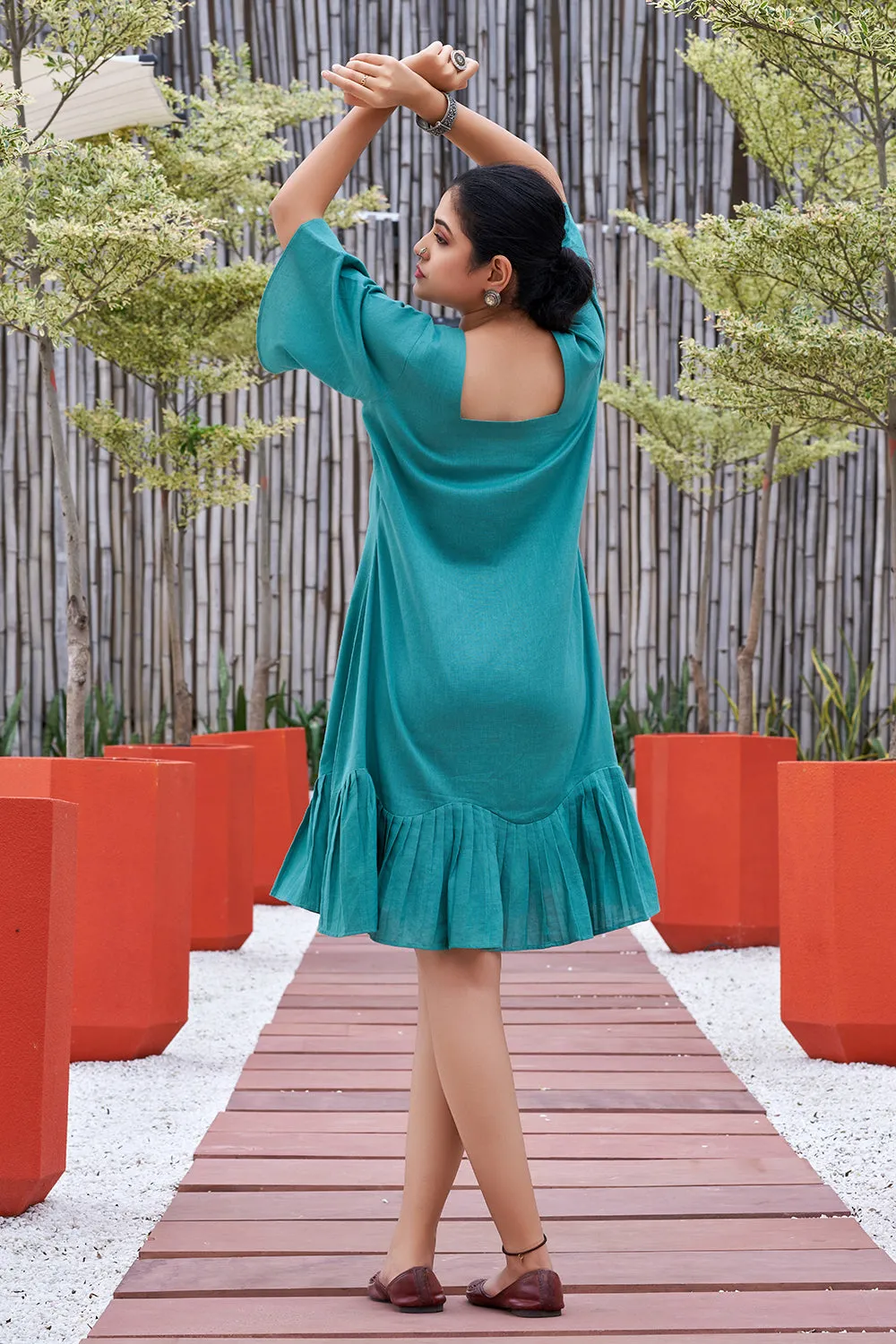 Plus Size Green Hand Painted Square Neck Cotton Dress-CL-SW-3046