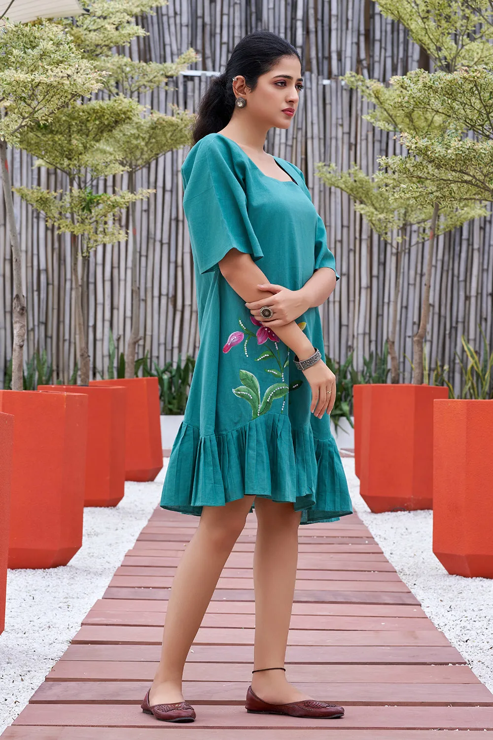 Plus Size Green Hand Painted Square Neck Cotton Dress-CL-SW-3046