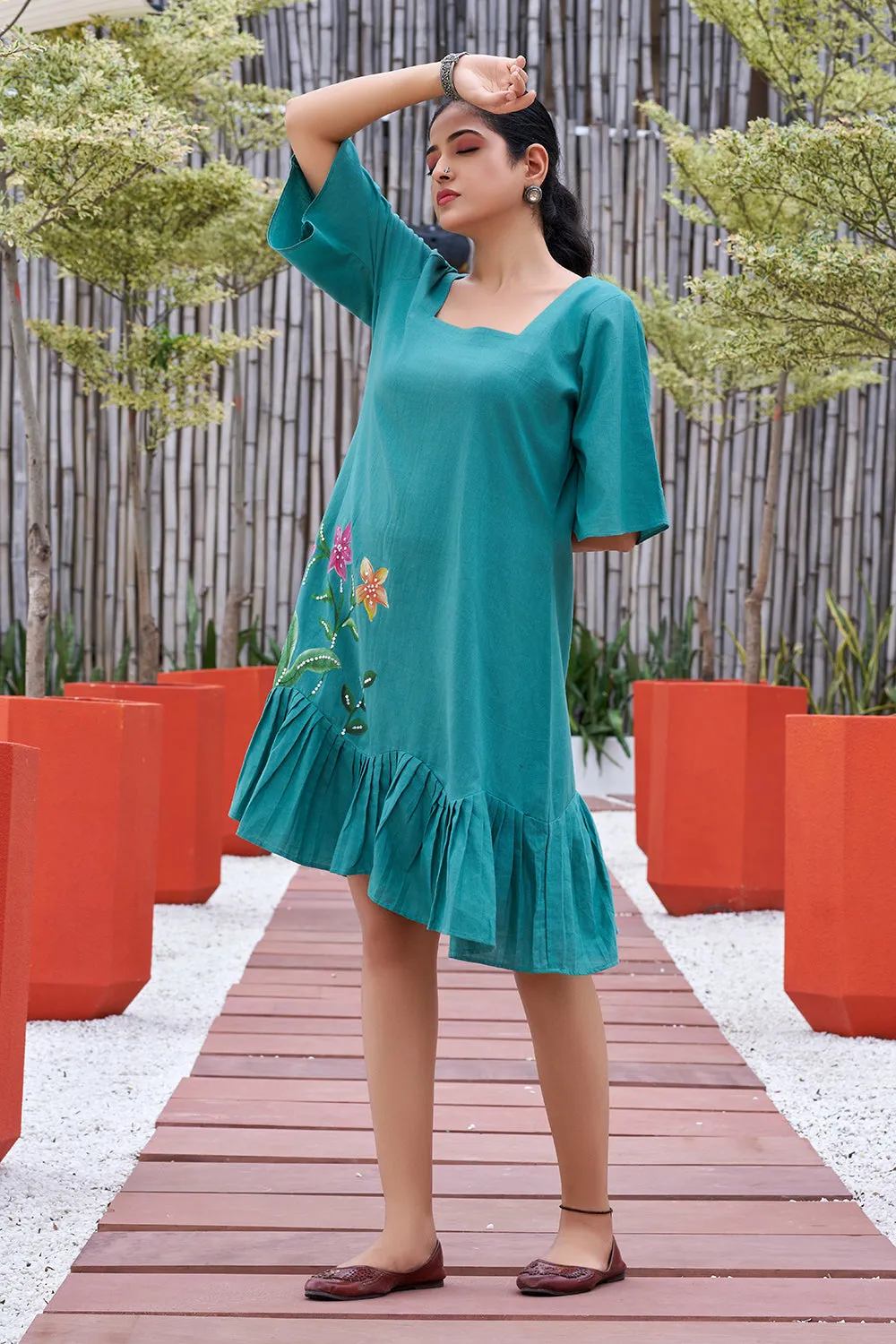 Plus Size Green Hand Painted Square Neck Cotton Dress-CL-SW-3046