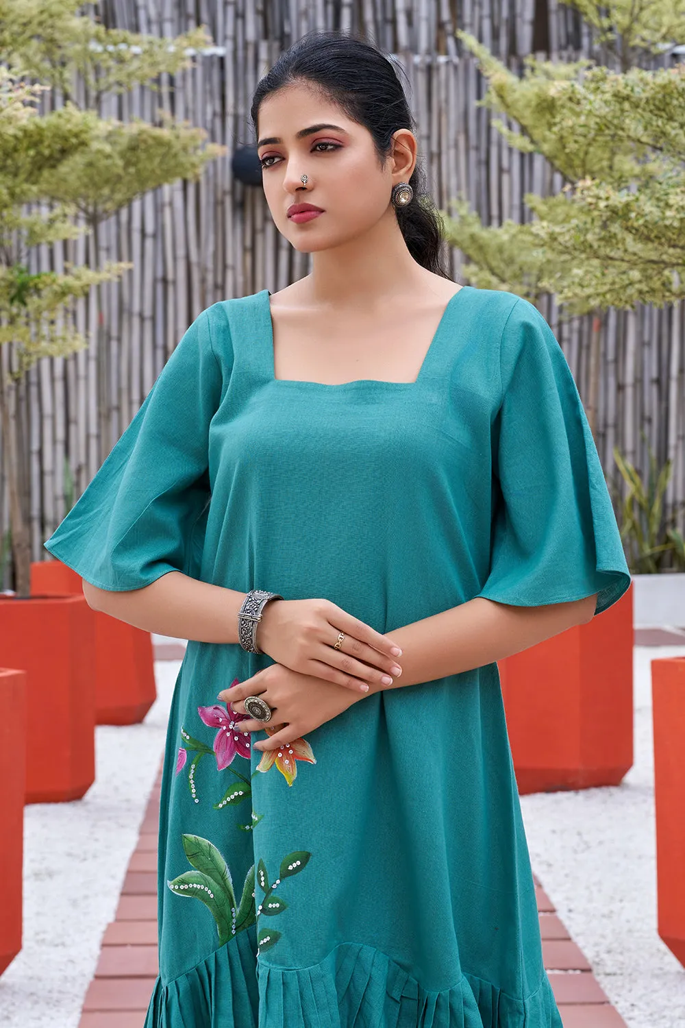 Plus Size Green Hand Painted Square Neck Cotton Dress-CL-SW-3046