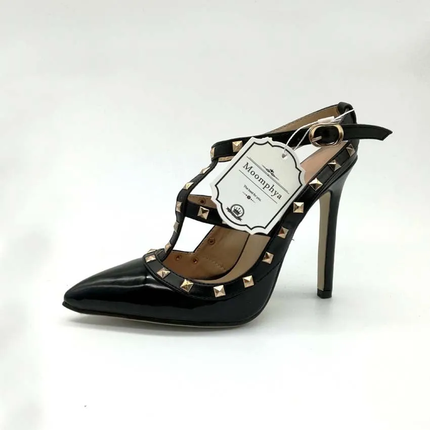 Plus Size High heels shoes woman Ladies Sexy Pointed Toe pumps Buckle rivets nude heels dress wedding shoes 11.5cm